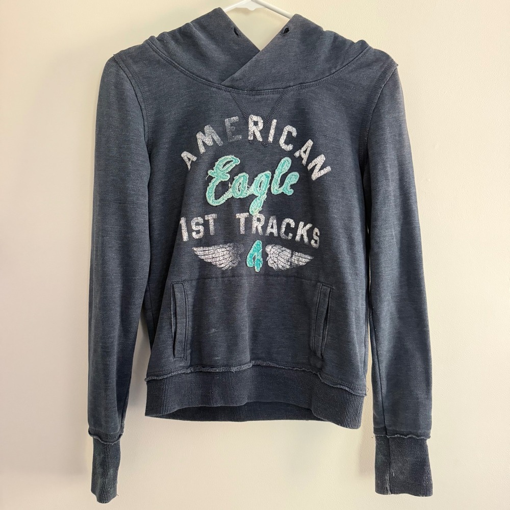 American Eagle Y2K Graphic Applique Spellout Logo Hoodie Sweatshirt 2011 Size XS